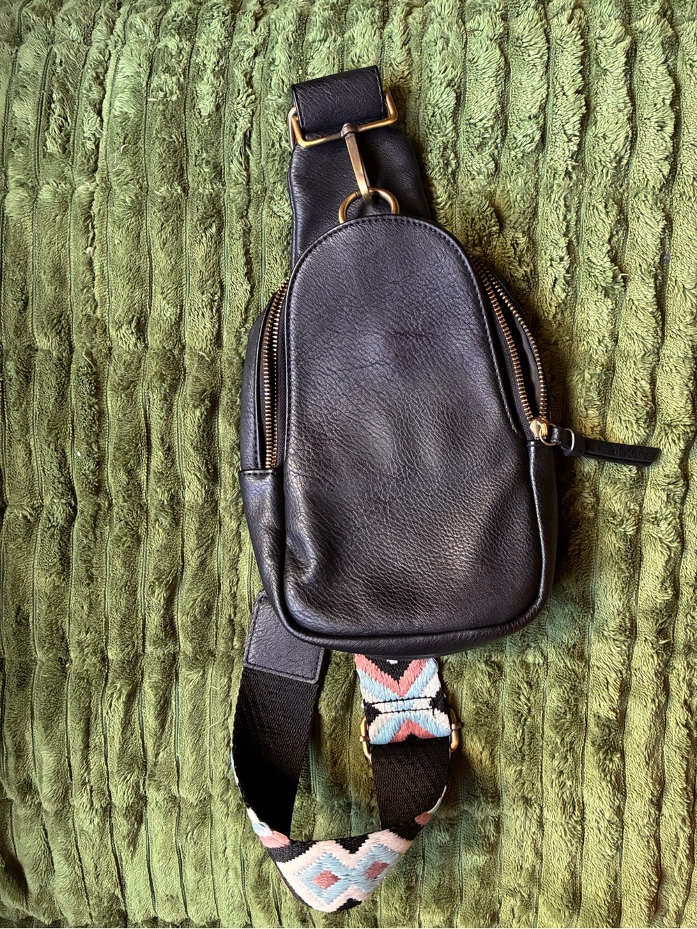 Anthropologie Black Leather Crossbody with Patterned Strap